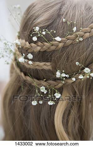 Stock Image - Close-up of flowers in braided hair. Fotosearch