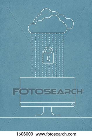 Cloud connected to computer with lock View Large Photo Image Stock Photo - Cloud connected to computer with lock. Fotosearch