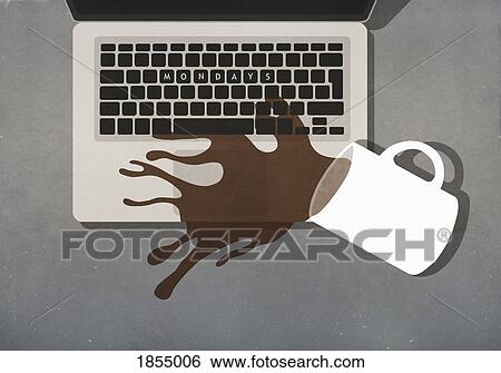 Coffee spilling on laptop with Mondays text on keyboard View Large Photo Image Stock Photograph - Coffee spilling on laptop with Mondays text on keyboard. Fotosearch