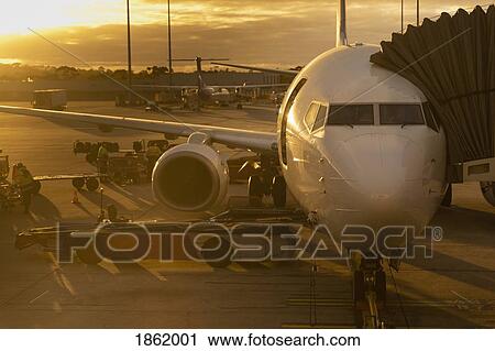 Commercial airplane parked at terminal on tarmac at sunset View Large Photo Image Stock Image - Commercial airplane parked at terminal on tarmac at sunset. Fotosearch