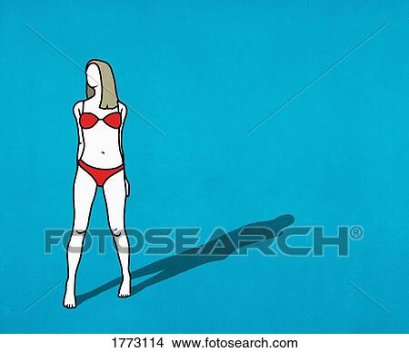 Picture - Confident woman in red bikini on blue background. Fotosearch