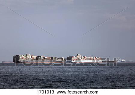 Container ships moored on sea against sky View Large Photo Image Stock Image - Container ships moored on sea against sky. Fotosearch