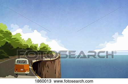 Couple driving retro van along ocean cliff View Large Photo Image Stock Image - Couple driving retro van along ocean cliff. Fotosearch