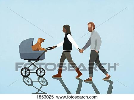 Stock Photography - Couple holding hands and walking puppy in stroller. Fotosearch