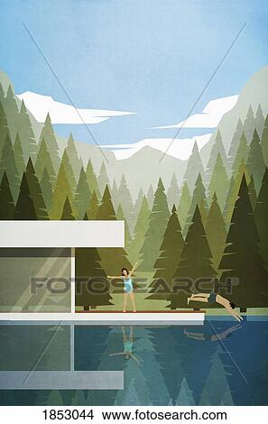 Couple stretching and swimming outside modern lake house View Large Photo Image Picture - Couple stretching and swimming outside modern lake house. Fotosearch