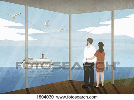 Couple watching cruise ship passing on ocean from beach house View Large Photo Image Stock Image - Couple watching cruise ship passing on ocean from beach house. Fotosearch