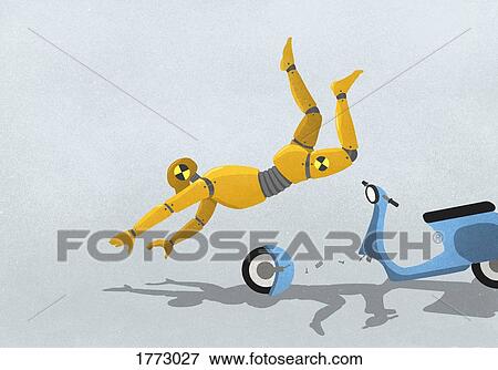 Stock Photo - Crash test dummy flying from broken motor scooter. Fotosearch