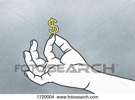 Picture - Cropped hand of man holding Dollar sign against gray background. Fotosearch