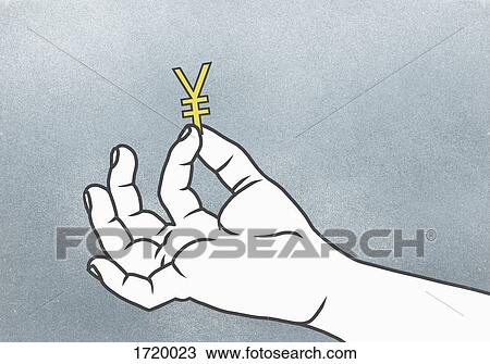 Stock Image - Cropped hand of man holding Yuan symbol against gray background. Fotosearch
