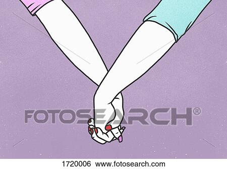 Stock Photograph - Cropped hands of lesbian couple holding hands against purple background. Fotosearch