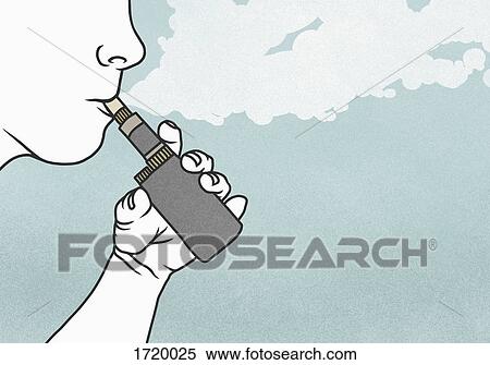 Stock Photography - Cropped image of man smoking electronic cigarette against blue background. Fotosearch