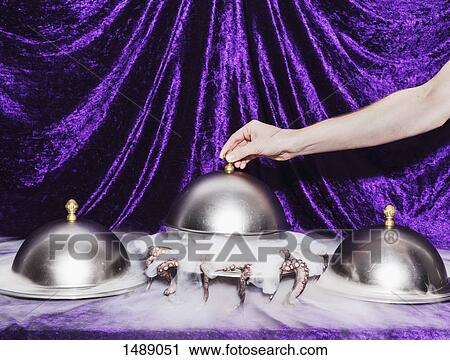 Stock Image - Cropped image of person lifting domed tray. Fotosearch