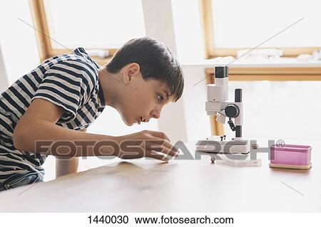Curious boy looking at microscope on table in house View Large Photo Image Stock Image - Curious boy looking at microscope on table in house. Fotosearch