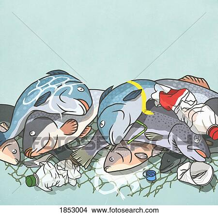 Dead fish and plastic bottles caught in netting View Large Photo Image Picture - Dead fish and plastic bottles caught in netting. Fotosearch