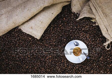 Directly above shot of espresso cup on roasted coffee beans View Large Photo Image Picture - Directly above shot of espresso cup on roasted coffee beans. Fotosearch