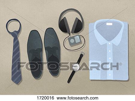 Directly above view of menswear on brown background View Large Photo Image Stock Photograph - Directly above view of menswear on brown background. Fotosearch