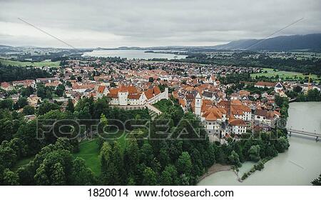 Picture - Drone point of view townscape, Fuessen, Bayern, Germany. Fotosearch