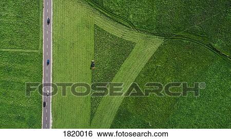 Stock Photograph - Drone point of view tractor harvesting lush green farmland crop, South Tyrol, Italy. Fotosearch