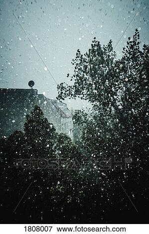 Stock Photo - Ethereal raindrops on window overlooking tree. Fotosearch