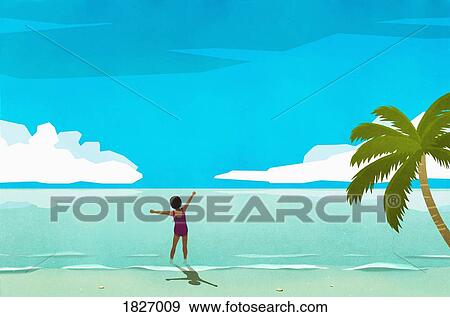 Exuberant woman wading in sunny tropical ocean View Large Photo Image Stock Photo - Exuberant woman wading in sunny tropical ocean. Fotosearch