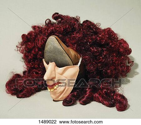 Face made from shoe, mask and wig over grey background View Large Photo Image Stock Image - Face made from shoe, mask and wig over grey background. Fotosearch