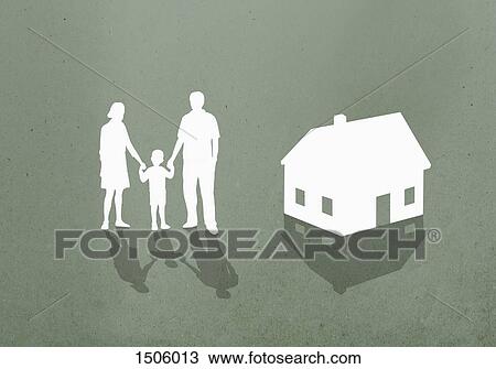 Stock Image - Family and house against green background. Fotosearch