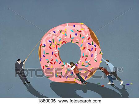 Stock Photography - Family helping businessman pulling large donut. Fotosearch