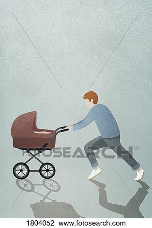 Stock Image - Father running with baby stroller. Fotosearch
