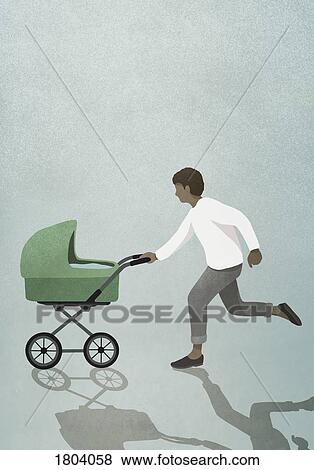 Stock Photo - Father running with baby stroller. Fotosearch