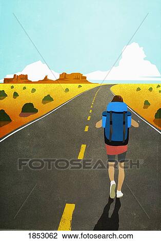Female backpacker walking on remote, arid desert road View Large Photo Image Stock Image - Female backpacker walking on remote, arid desert road. Fotosearch