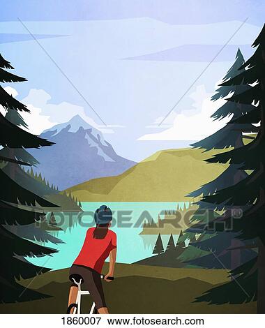 Stock Photo - Female mountain biker looking at idyllic, tranquil mountain lake view. Fotosearch