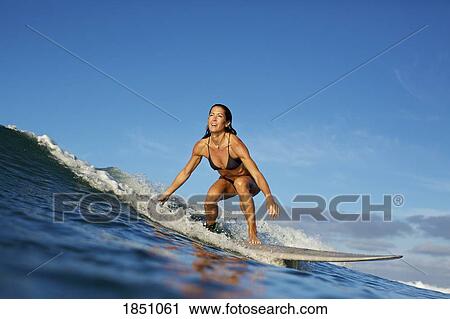 Stock Image - Female surfer riding ocean wave. Fotosearch
