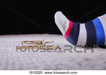 Stock Image - Foot hovering above mousetrap. Fotosearch