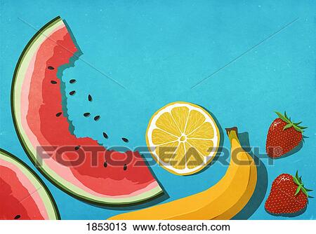 Stock Image - Fresh, juicy fruits on blue background. Fotosearch