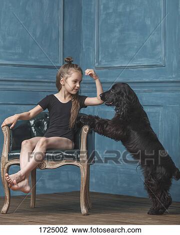 Full length of girl sitting on antique chair while looking at dog rearing up at home View Large Photo Image Stock Image - Full length of girl sitting on antique chair while looking at dog rearing up at home. Fotosearch