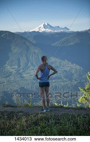 Full length rear view of sporty woman looking at mountain view View Large Photo Image Stock Image - Full length rear view of sporty woman looking at mountain view. Fotosearch