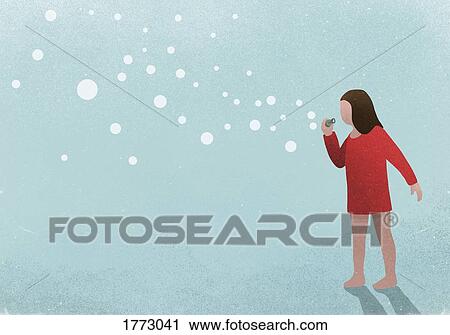 Stock Image - Girl blowing bubbles on blue background. Fotosearch