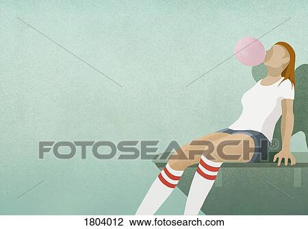 Stock Image - Girl blowing large bubble gum bubble. Fotosearch