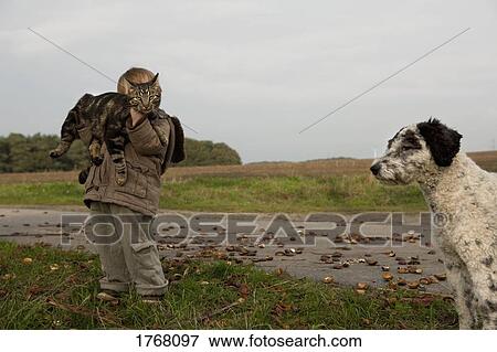 Stock Photo - Girl with cat and dog on rural road. Fotosearch