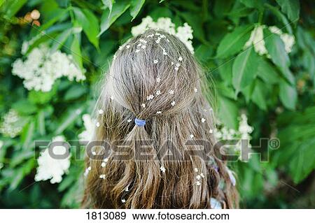 Girl with flowers in hair standing at flowering bush View Large Photo Image Stock Photo - Girl with flowers in hair standing at flowering bush. Fotosearch