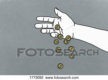 Stock Image - Hand dropping US currency coins. Fotosearch