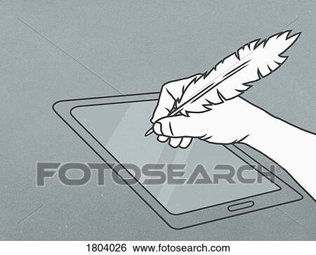 Hand with feather quill pen writing on digital tablet View Large Photo Image Stock Photograph - Hand with feather quill pen writing on digital tablet. Fotosearch