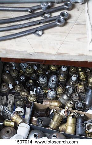 Picture - High angle view of aerosol cans and equipment. Fotosearch