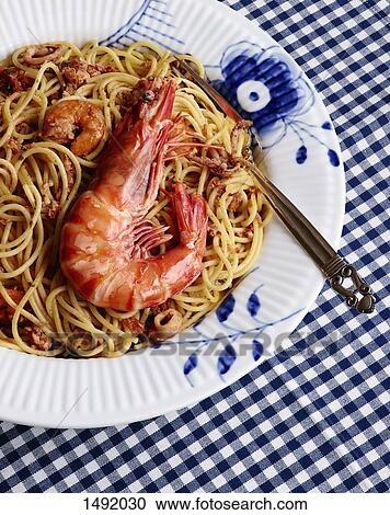 High angle view of prawns in noodles served on plate View Large Photo Image Stock Image - High angle view of prawns in noodles served on plate. Fotosearch