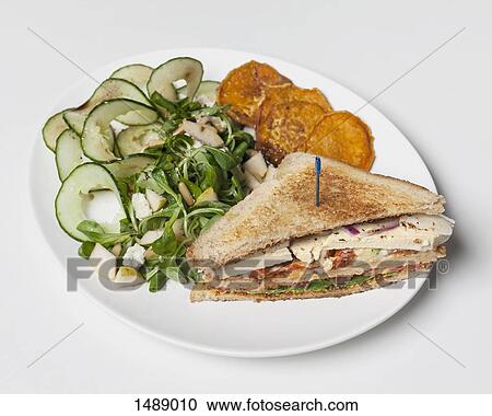 High angle view of sandwich by salad served in plate over white background View Large Photo Image Stock Image - High angle view of sandwich by salad served in plate over white background. Fotosearch