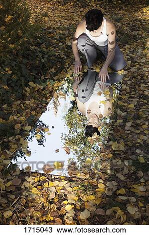 High angle view of woman and trees reflecting in mirror while sitting on dry leaves at park during a View Large Photo Image Stock Image - High angle view of woman and trees reflecting in mirror while sitting on dry leaves at park during a. Fotosearch