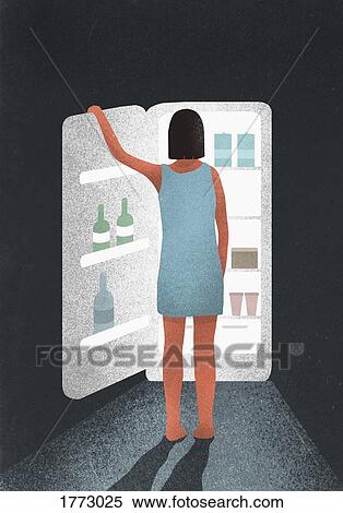 Hungry woman standing at open refrigerator View Large Photo Image Stock Photography - Hungry woman standing at open refrigerator. Fotosearch