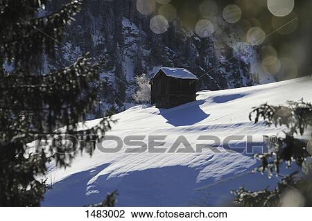 Hut on snow covered mountain View Large Photo Image Stock Image - Hut on snow covered mountain. Fotosearch