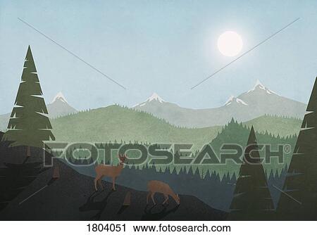 Idyllic view of deer grazing and sun over mountain and forest landscape View Large Photo Image Stock Image - Idyllic view of deer grazing and sun over mountain and forest landscape. Fotosearch