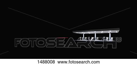 Stock Photo - Illuminated gas station at night. Fotosearch